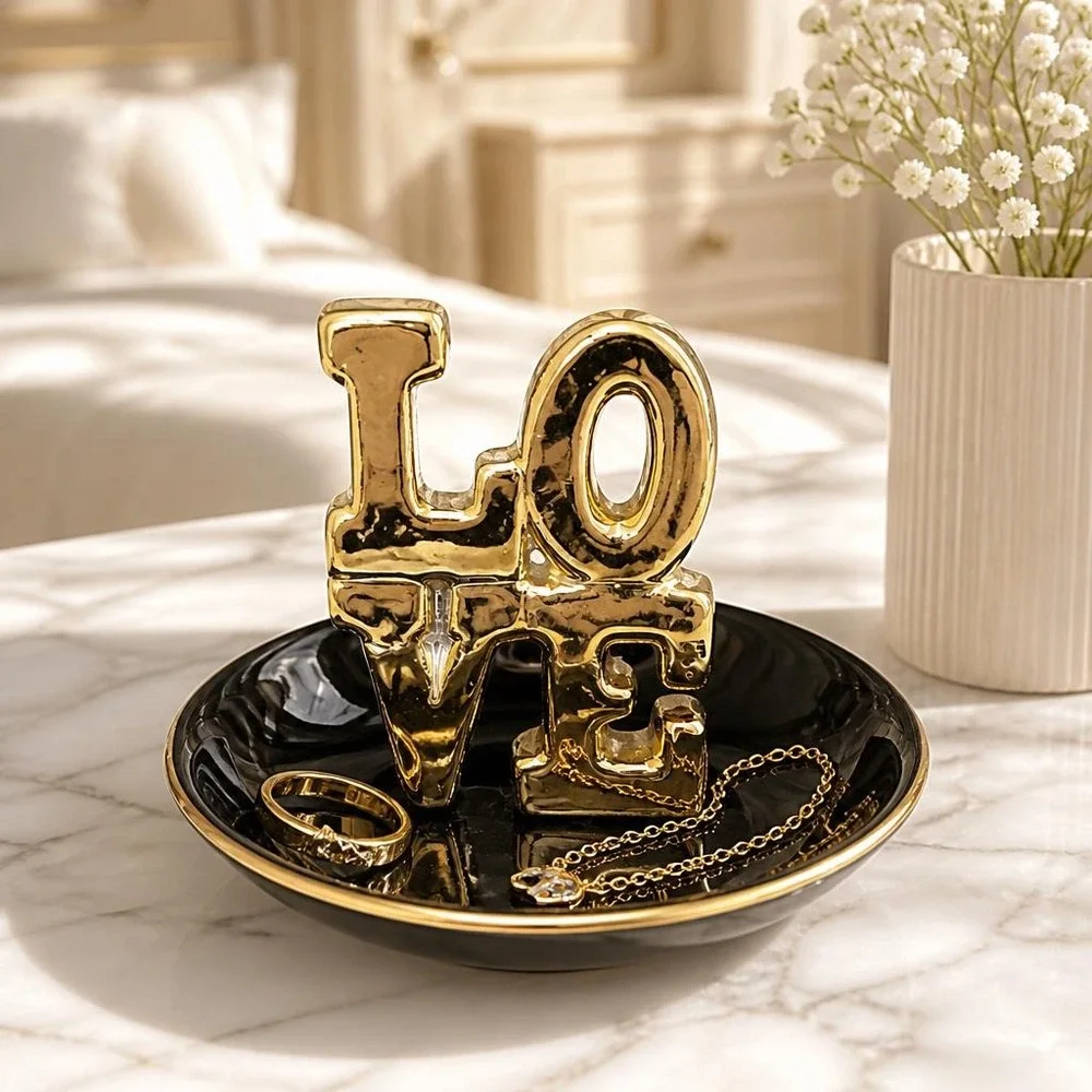 Navy Blue and Gold Jewelry Dish Love Porcelain